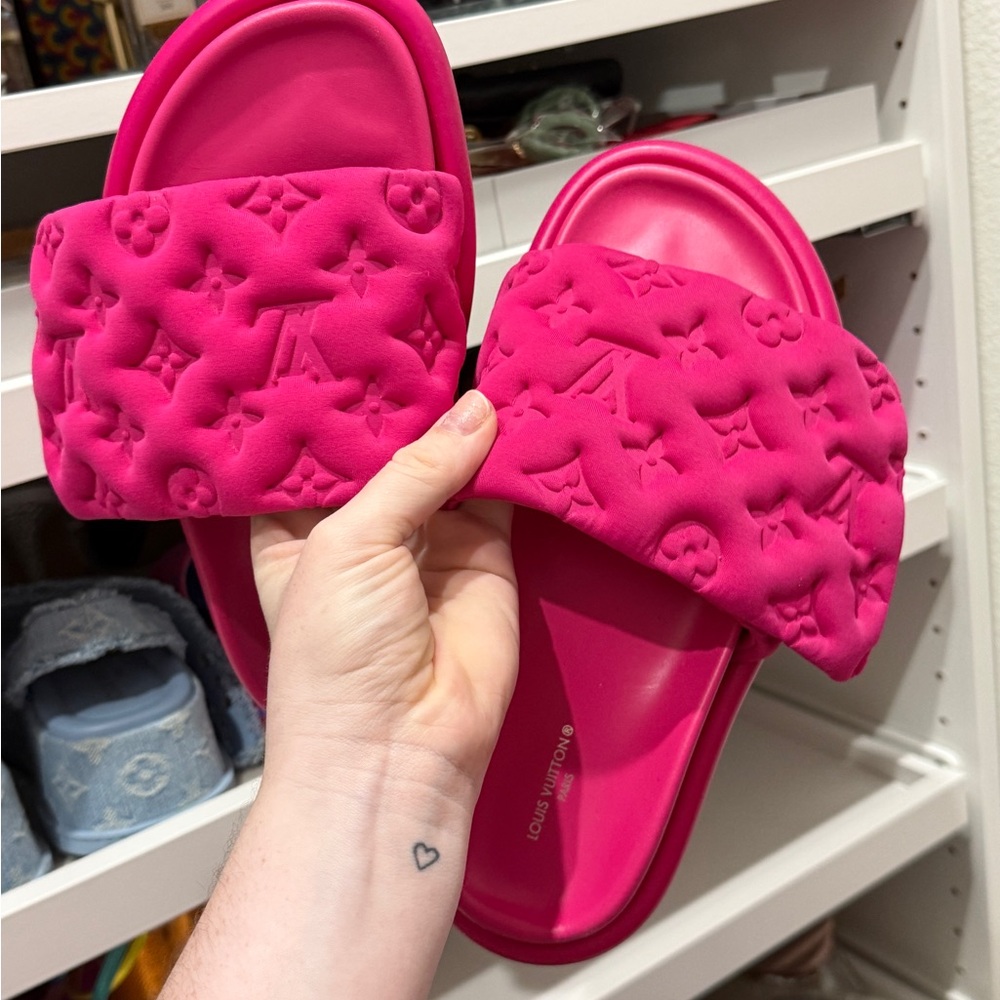 Louis Vuitton Fuchsia Embossed Slide Sandals
